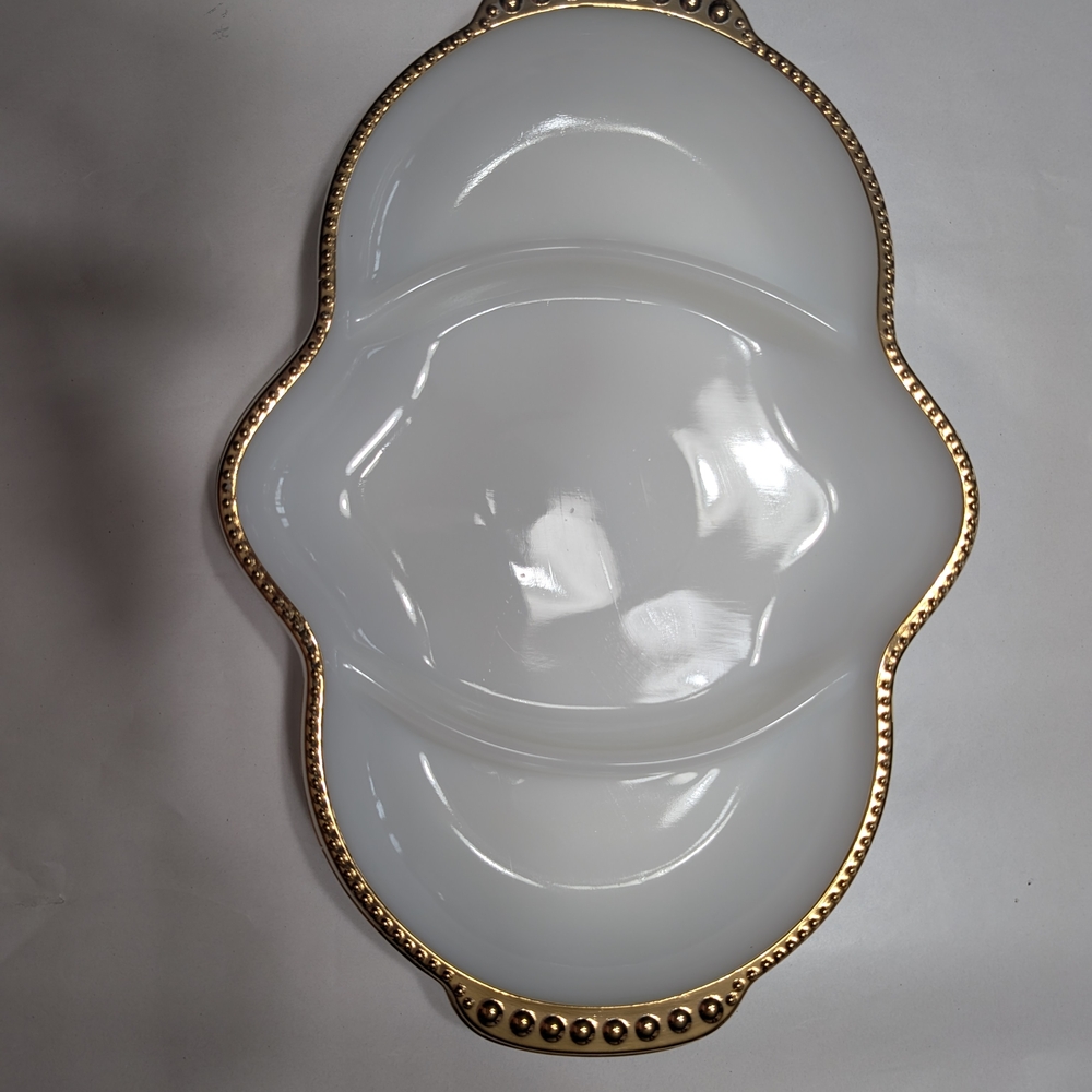 Fire King White Milk Glass Divided Dish Gold Trim.